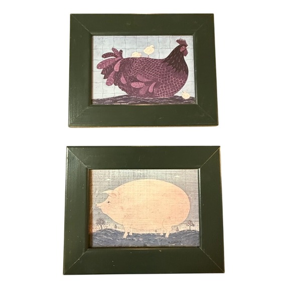 Warren Kimble Other - Vintage Warren Kimble Framed Print Pig Mama Chicken Chicks Folk Art Green